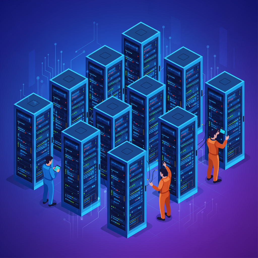 A modern, sprawling data center interior with glowing server racks and technicians working, clean infographic style, high contrast, colored background, no text.