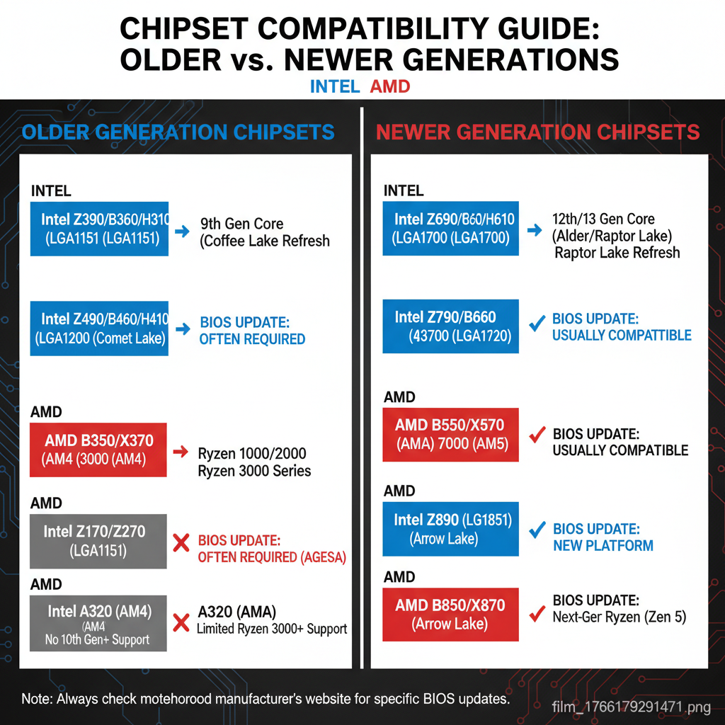 A comparison infographic showing different generations of Intel and AMD chipsets (older vs. newer), indicating compatibility status with BIOS updates, clean infographic, modern layout, high contrast, 4:3 aspect ratio