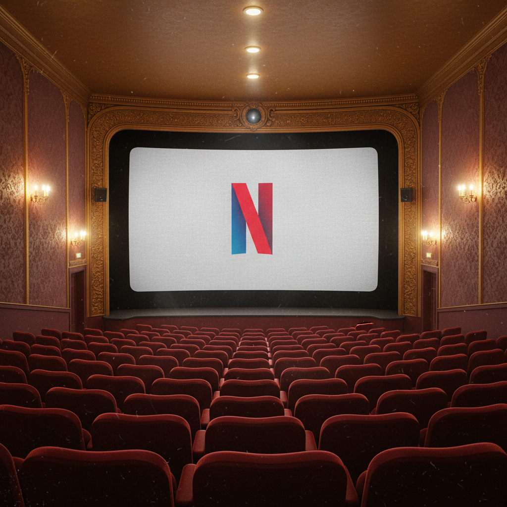 A visually rich image of a classic movie theater interior with a large screen, where the Netflix logo is subtly projected onto the screen, symbolizing the changing landscape of film distribution. The seating is empty but well-lit, and the overall atmosphere is one of contemplation about the future. Style: artistic rendering with textured background. No visible text.
