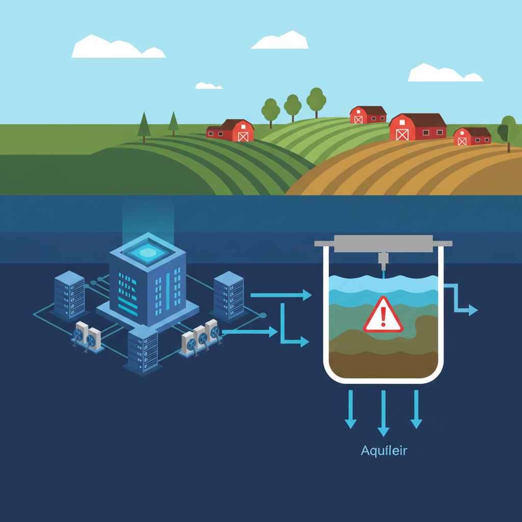 A clean infographic illustrating water contamination in a rural Oregon landscape. Show a stylized data center and farms, with arrows indicating water flow into a well. The water in the well shows a distinct dirty layer with a warning symbol. Style: clean infographic, modern layout, high contrast. No text.