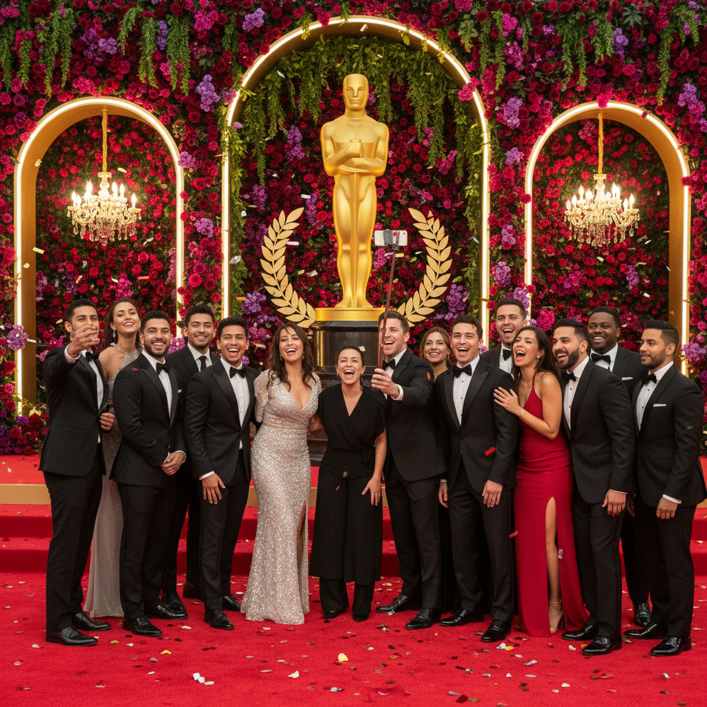 A vibrant scene on the red carpet with several people, some dressed elegantly, excitedly taking selfies with a gleaming Oscar trophy in the background. The setting is luxurious and celebratory, lifestyle photography, warm lighting, natural setting, colored background, no text, aspect_ratio=4:3