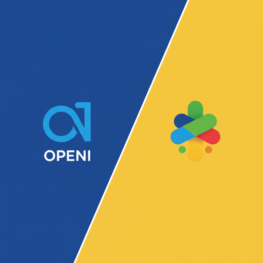 OpenAI logo and Slack logo side by side, clean infographic style, modern layout, high contrast, colored background, no text