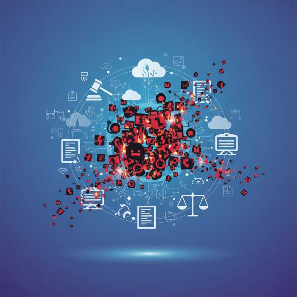 A realistic clean infographic, modern layout, high contrast, illustrating a complex network of digital regulations and laws struggling to keep up with rapidly evolving online threats, with abstract symbols representing technology and legal frameworks on a gradient background. The lighting is bright and balanced, with a centered focus and minimal empty margins. No visible text in image.