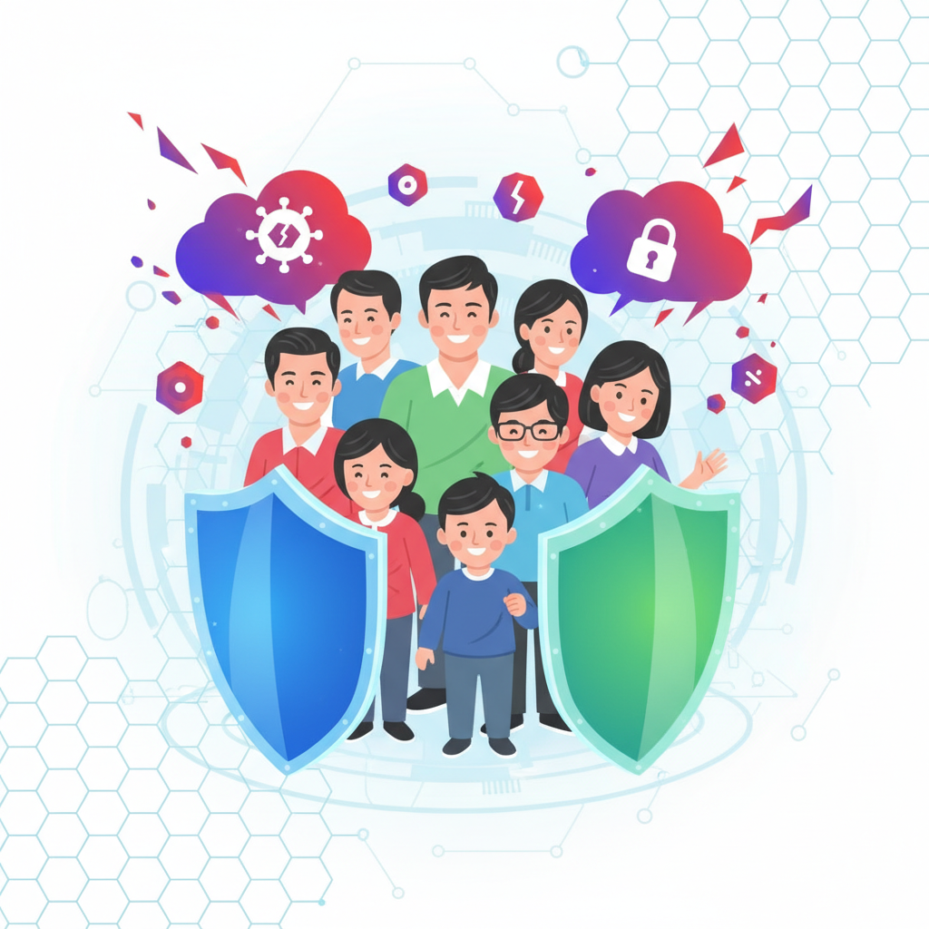 A vivid clean infographic, modern layout, high contrast, depicting digital shields protecting a diverse group of Korean people (men, women, children) from abstract online threats like viruses and data symbols, with a textured background. The scene is brightly lit with balanced lighting. No visible text in image.