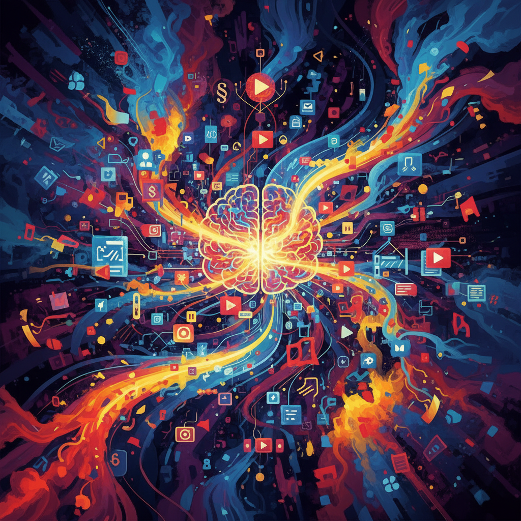 An abstract illustration representing the intricate connection between online content and artificial intelligence, artistic rendering, textured background, vibrant colors, no text