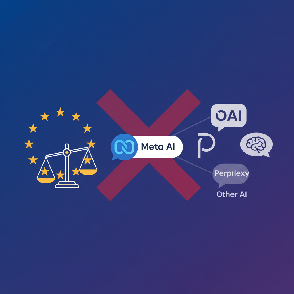 A clean infographic illustrating the controversy surrounding WhatsApp's AI chatbot policy. Show Meta's logo with a 'Meta AI' chatbot, and other AI chatbot logos (OpenAI, Perplexity) being blocked. Include EU stars and scales of justice, representing antitrust investigation. Style: clean infographic, modern layout, high contrast. No visible text. Colored background, centered focus.