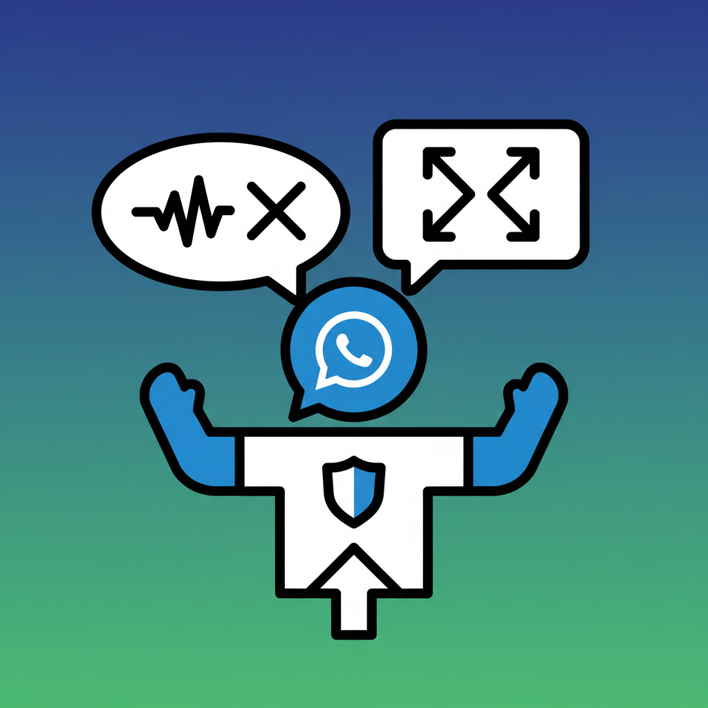 A stylized depiction of a WhatsApp spokesperson defending their company's policy. Show speech bubbles with text like "baseless" and "other options" in a minimalist, infographic style. Emphasize communication and defense. Style: clean infographic, modern layout, high contrast. No visible text. Colored background, centered focus.