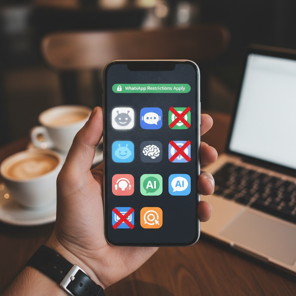 A mobile phone screen showing various AI chatbot icons, with some of them blurred or crossed out, indicating restrictions on WhatsApp. Realistic depiction of restricted AI chatbots, lifestyle photography, rich background, no text, 1:1 aspect ratio