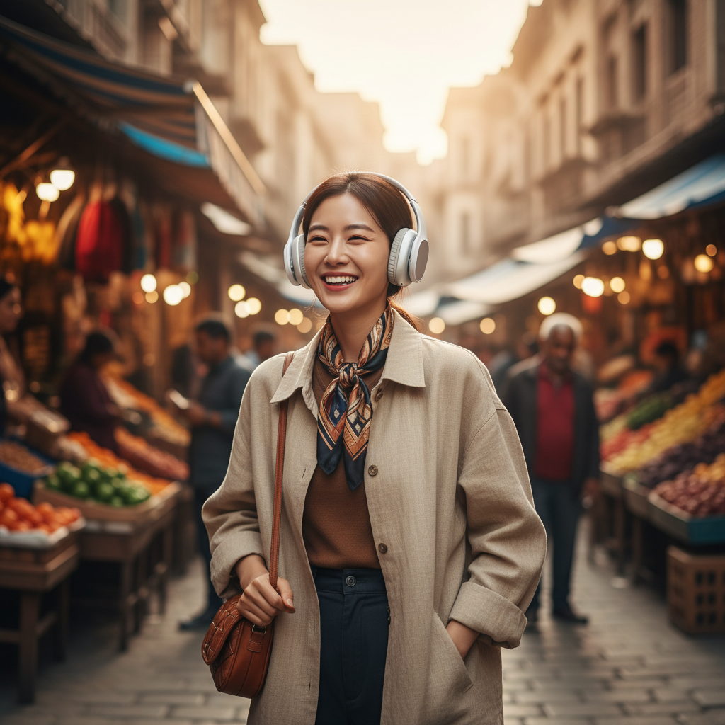 A young Korean traveler wearing stylish headphones, smiling while listening to real-time translations in a vibrant, foreign street market. Warm, natural lighting, a blurred colorful background with diverse people and architecture, no text. Lifestyle photography.