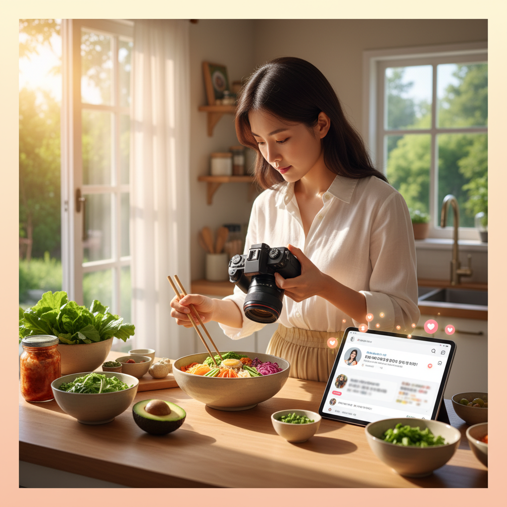 A Korean food blogger meticulously preparing a dish, taking photos, and engaging with a loyal online community on a clean, modern interface, lifestyle photography, warm lighting, natural setting, no text, colored background