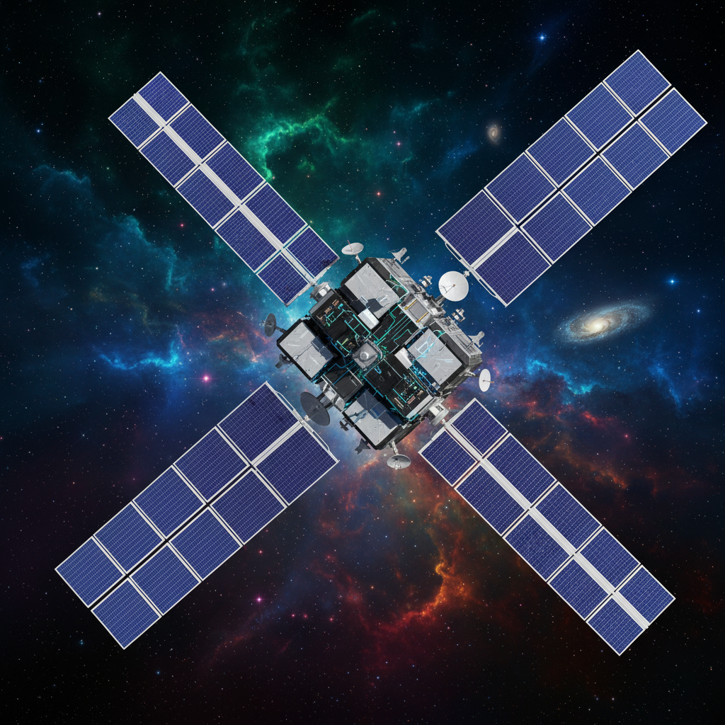 A detailed rendering of an orbital data center satellite, with large, deployed photovoltaic panels absorbing sunlight. Deep space background with stars, no visible text, modern, high-tech style, rich colored background.