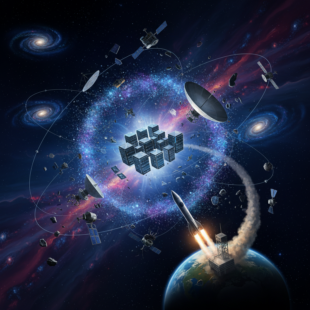 An artistic rendering showing complex challenges for space data centers: high launch costs represented by rockets, radiation represented by glowing particles around a satellite, and collision risks with multiple satellites and debris in orbit. Dark, deep space setting, colored background, no text.