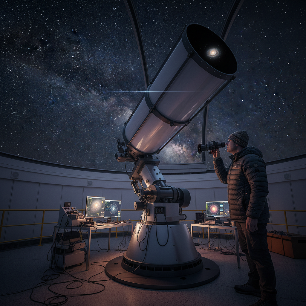 An astronomer looking through a high-powered telescope in a modern observatory, with a subtle depiction of light interference or a distant satellite in the night sky through the telescope, scientific setting, balanced lighting, rich background, no text
