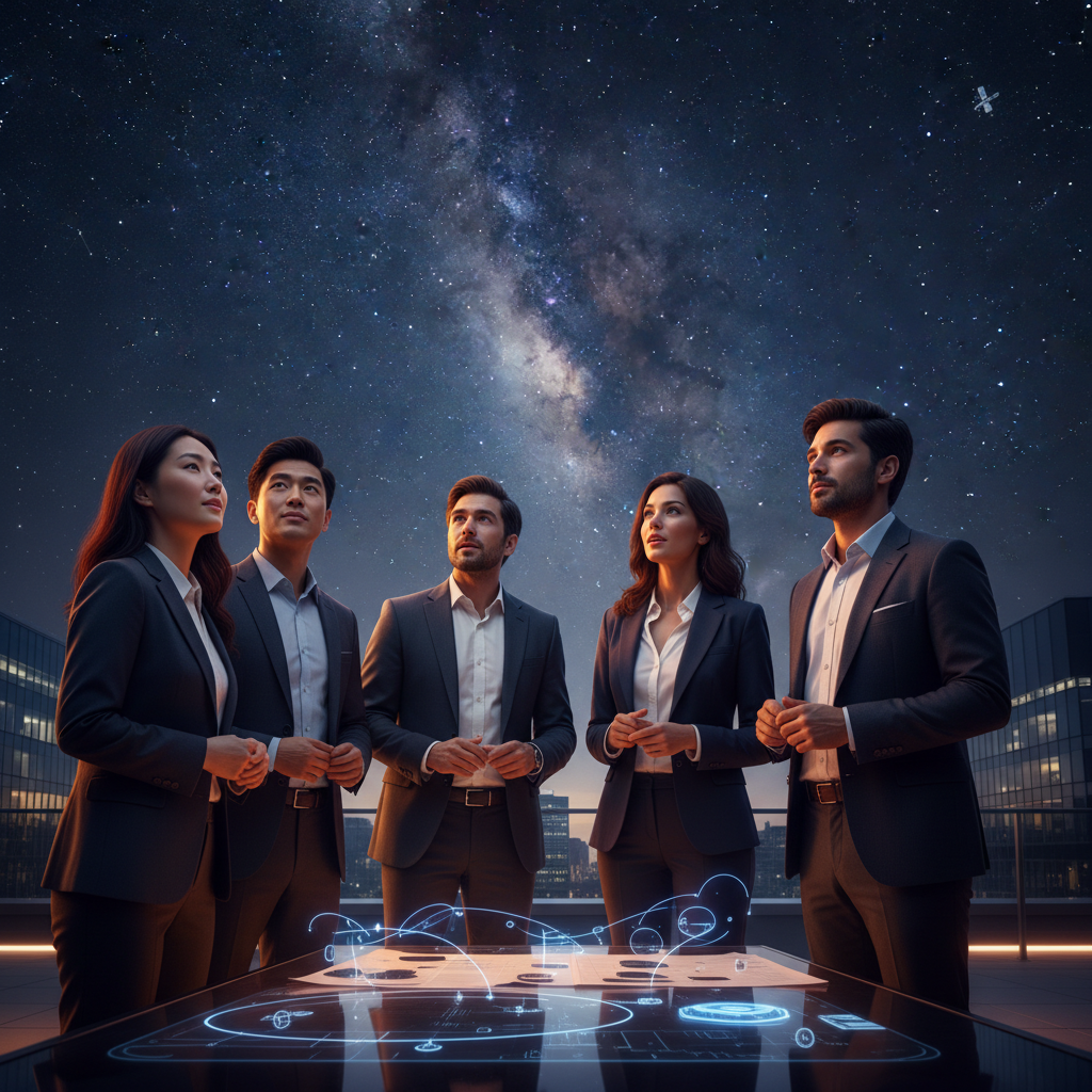 A diverse group of tech billionaires looking up at a starry sky, discussing future plans, with subtle outlines of satellites in the background, professional setting, warm lighting, natural expression, centered focus, no text