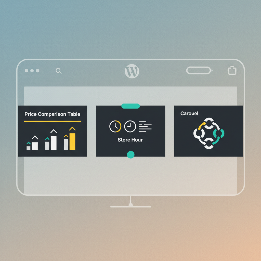 Clean infographic, modern layout, high contrast. Various Gutenberg blocks like price comparison tables, store hour displays, and logo carousels are neatly arranged on a stylized WordPress website mockup. The background is a soft, textured gradient. No text.