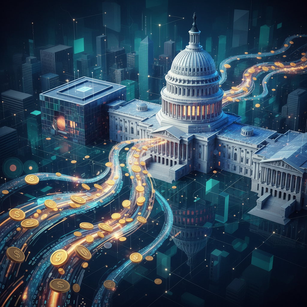 An illustrative scene depicting money and data flowing from abstract representations of Silicon Valley (modern tech campuses) towards a stylized U.S. Capitol building. The background is a blend of geometric patterns and subtle cityscapes, suggesting the intertwined nature of finance and politics. Rich, deep colors with strategic highlights. No text.