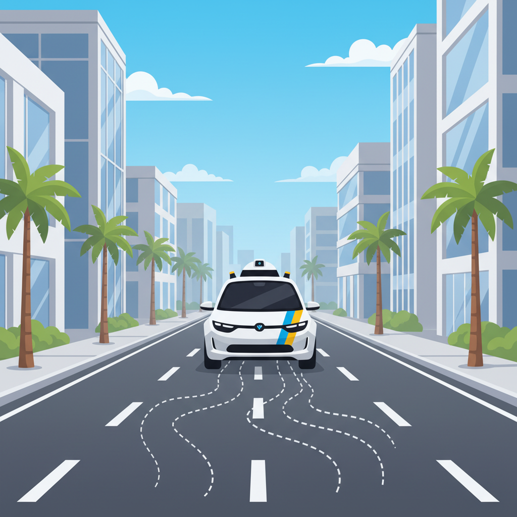 A Waymo robotaxi on a road, with subtle visual cues suggesting erratic or unexpected driving, such as slight swerving lines behind it. The setting is a bright, clear city street. Style: clean infographic, modern layout, high contrast. No text.