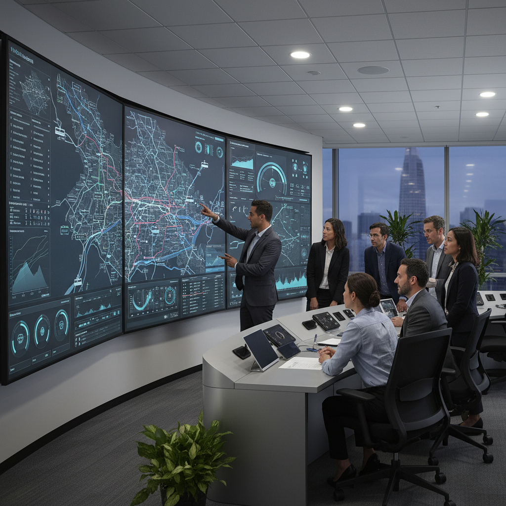 A diverse team of Waymo engineers and city officials collaborating intensely in a control center, discussing data on large screens showing San Francisco maps and system statuses, focused problem-solving atmosphere, modern office setting, no visible text, 4:3 aspect ratio, corporate photography style, bright and balanced lighting