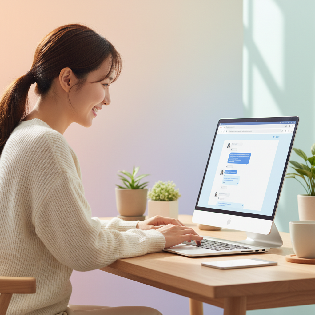 A user happily using Facebook Messenger on a web browser, showing a clean interface, lifestyle photography, bright lighting, colored background, Korean appearance, no text.