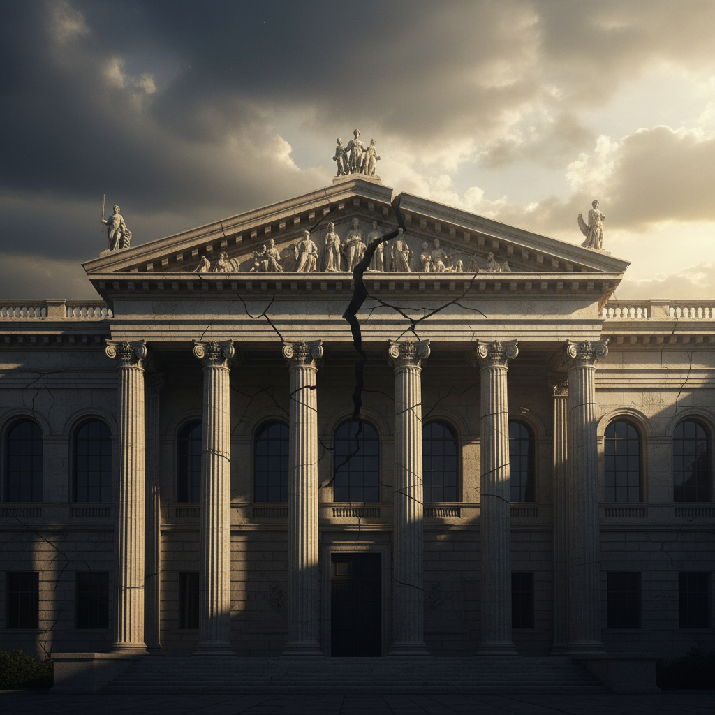 A grand museum facade partially obscured by shadows or cracks, symbolizing institutional crisis and historical weight, dramatic yet balanced lighting, detailed artistic rendering, textured background, no text, 4:3 aspect ratio.