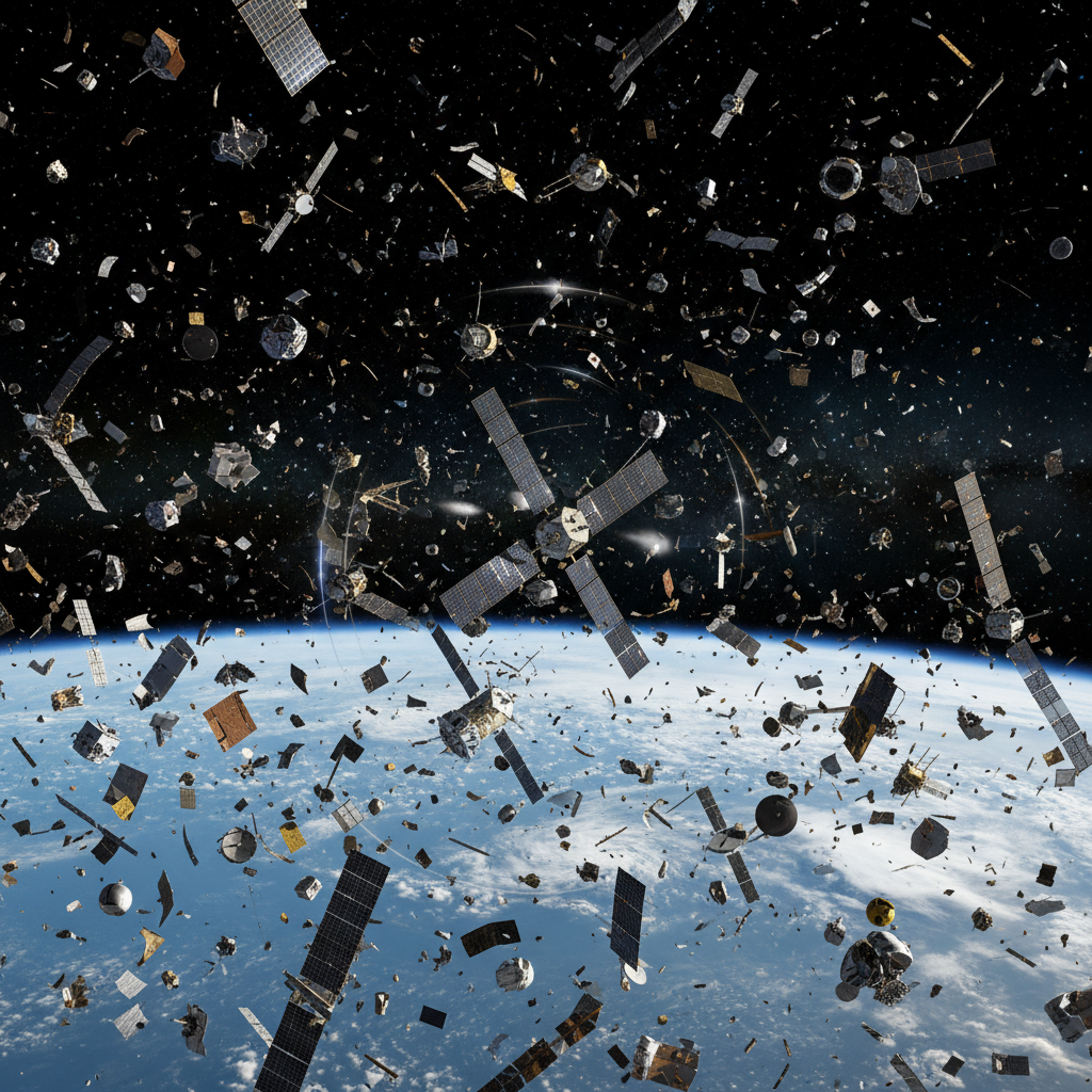 A dense field of various space debris fragments floating around a cluster of satellites in low Earth orbit, showing the challenge of navigation, detailed composition, textured background, no text