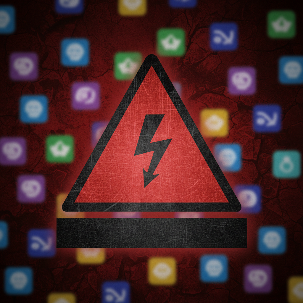 A conceptual image showing a warning sign overlaid on a blurred background of various browser extension icons, highlighting the danger of specific extensions, clean infographic, modern layout, high contrast, red and black textured background, no text, 4:3 aspect ratio