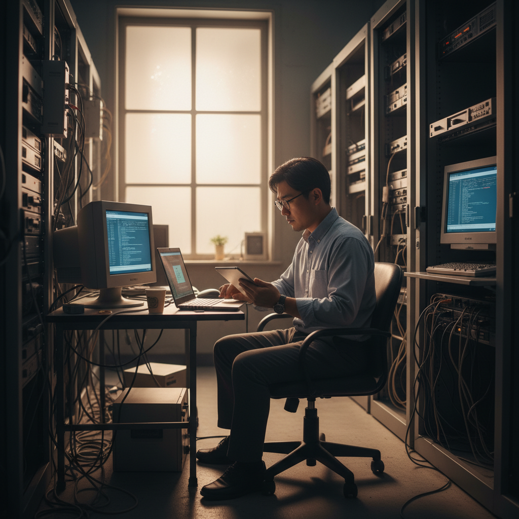 A Windows server administrator auditing legacy systems in a server room, focused and professional, lifestyle photography, warm lighting, natural setting, Korean appearance, no text