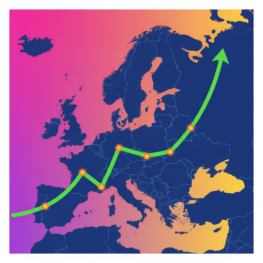 clean infographic, modern layout, high contrast, Growth chart overlaid on a map of Europe, showing a positive trend line emerging from a dip, with subtle data points, vibrant colored background, no text