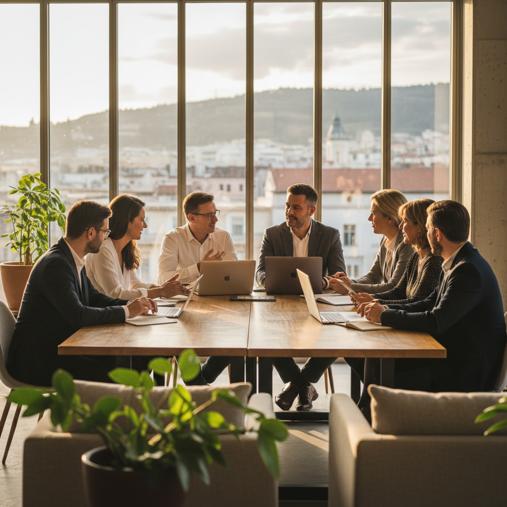 lifestyle photography, warm lighting, natural setting, A diverse group of European entrepreneurs collaborating in a modern co-working space, lively and engaged, with a blurred cityscape background, no visible text