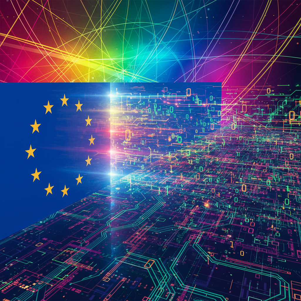European Union data regulation effectively restricting the flow of data for big tech companies, digital data streams, vibrant colored background, no text, 4:3 aspect ratio