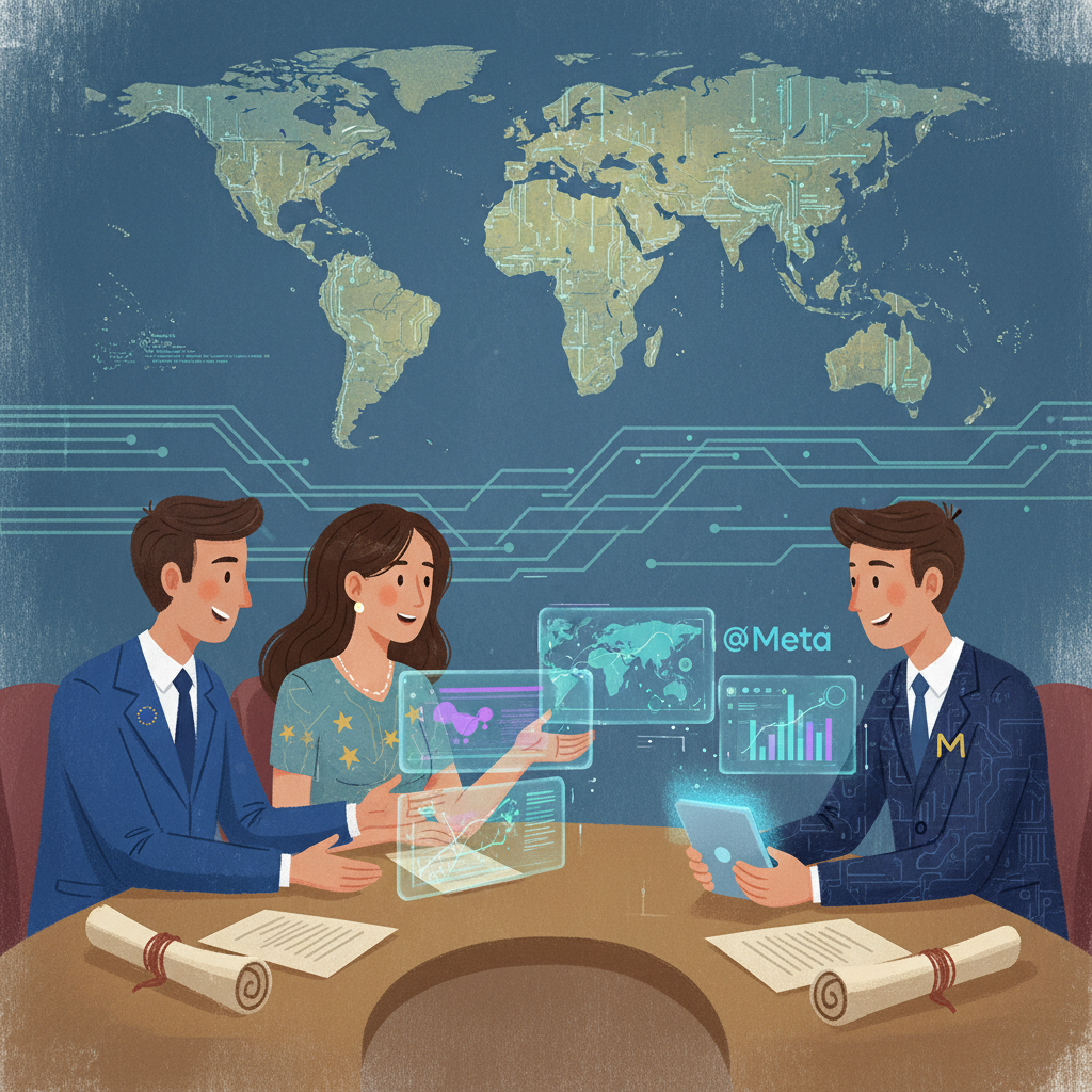 An illustration showing representatives from the European Union and Meta engaged in a discussion or negotiation, with documents and data visualizations in the background. Illustration, artistic rendering, textured background, no text, 4:3 aspect ratio