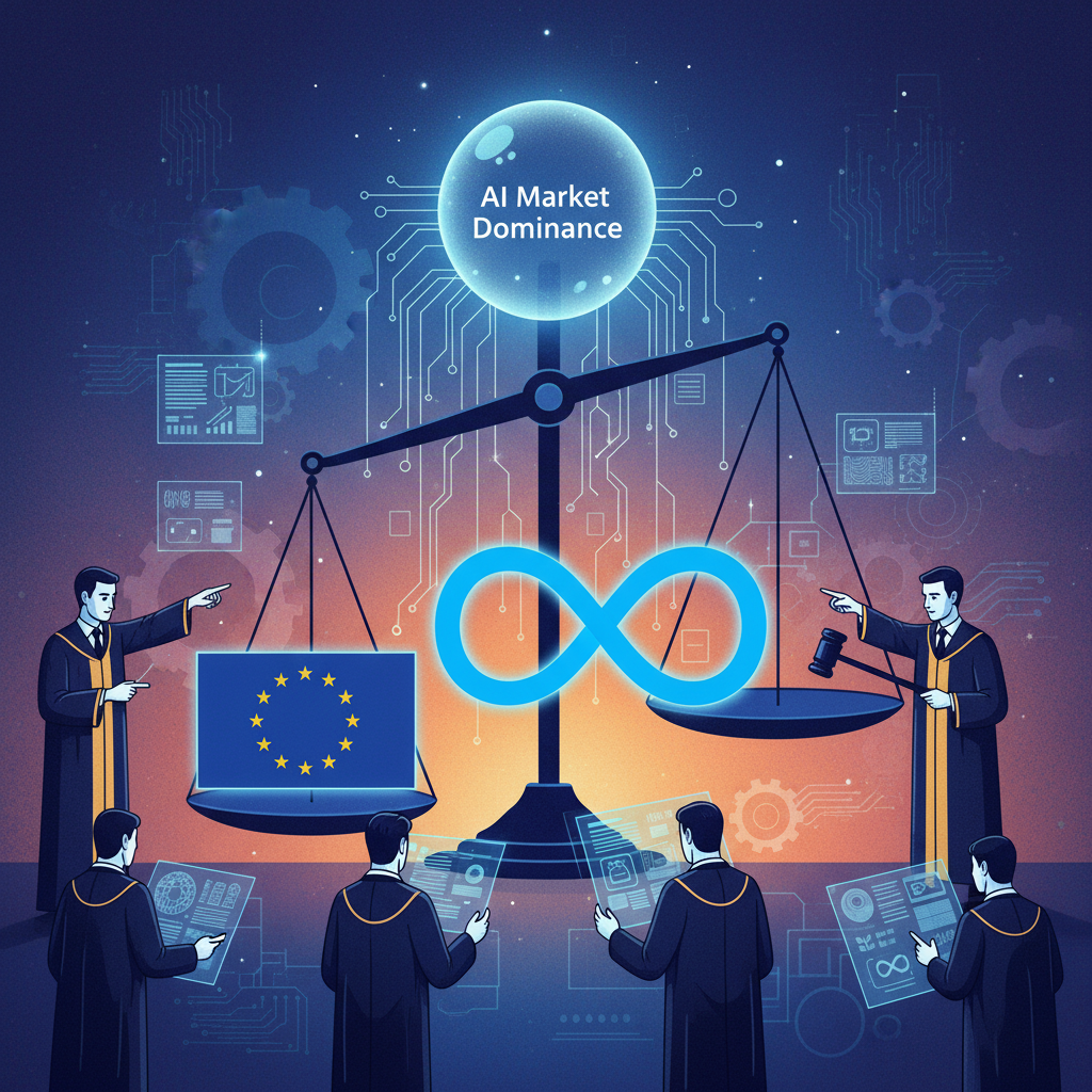 An illustration depicting the European Union's regulatory body (EU flag, legal scales) investigating Meta (represented by its logo). Show a serious, official atmosphere, emphasizing the scrutiny over potential AI market dominance. Style: illustration, artistic rendering, textured background. No visible text. Colored background, centered focus.