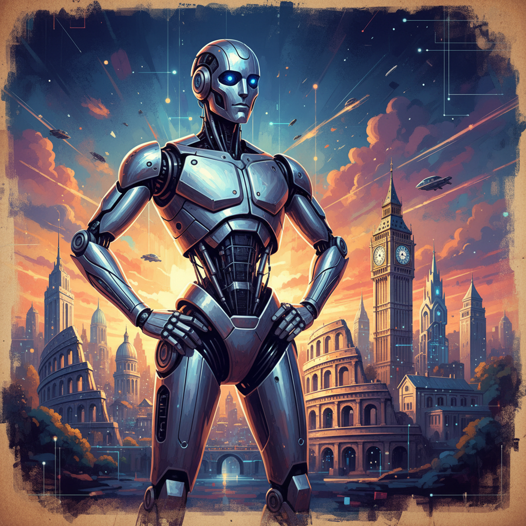 illustration, artistic rendering, textured background, An advanced AI robot standing confidently amidst a stylized European cityscape with recognizable landmarks in the background, conveying innovation and future, rich and vibrant colors, no text