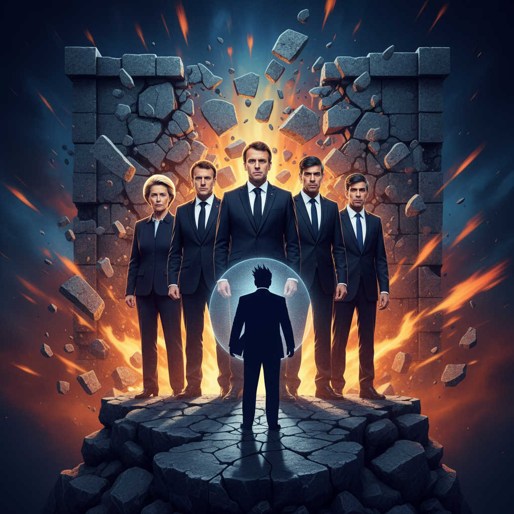 European leaders standing firm against Trump, determined expressions, bold stance, strong visual metaphor, dynamic lighting, abstract background, no text, 4:3 aspect ratio