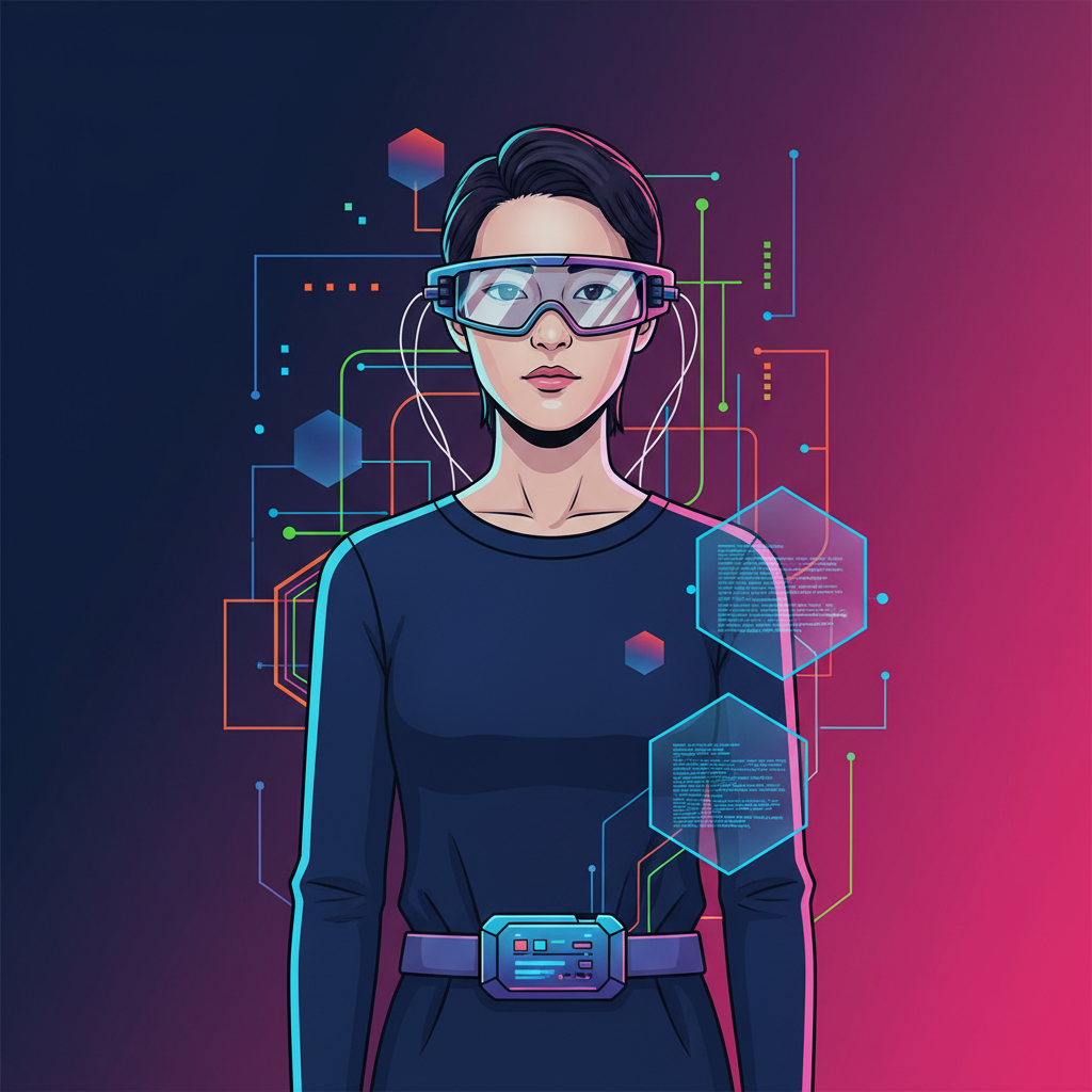 A Korean person wearing wired XR glasses, illustrating future technology integration, clean infographic, modern layout, high contrast, colored background, no text