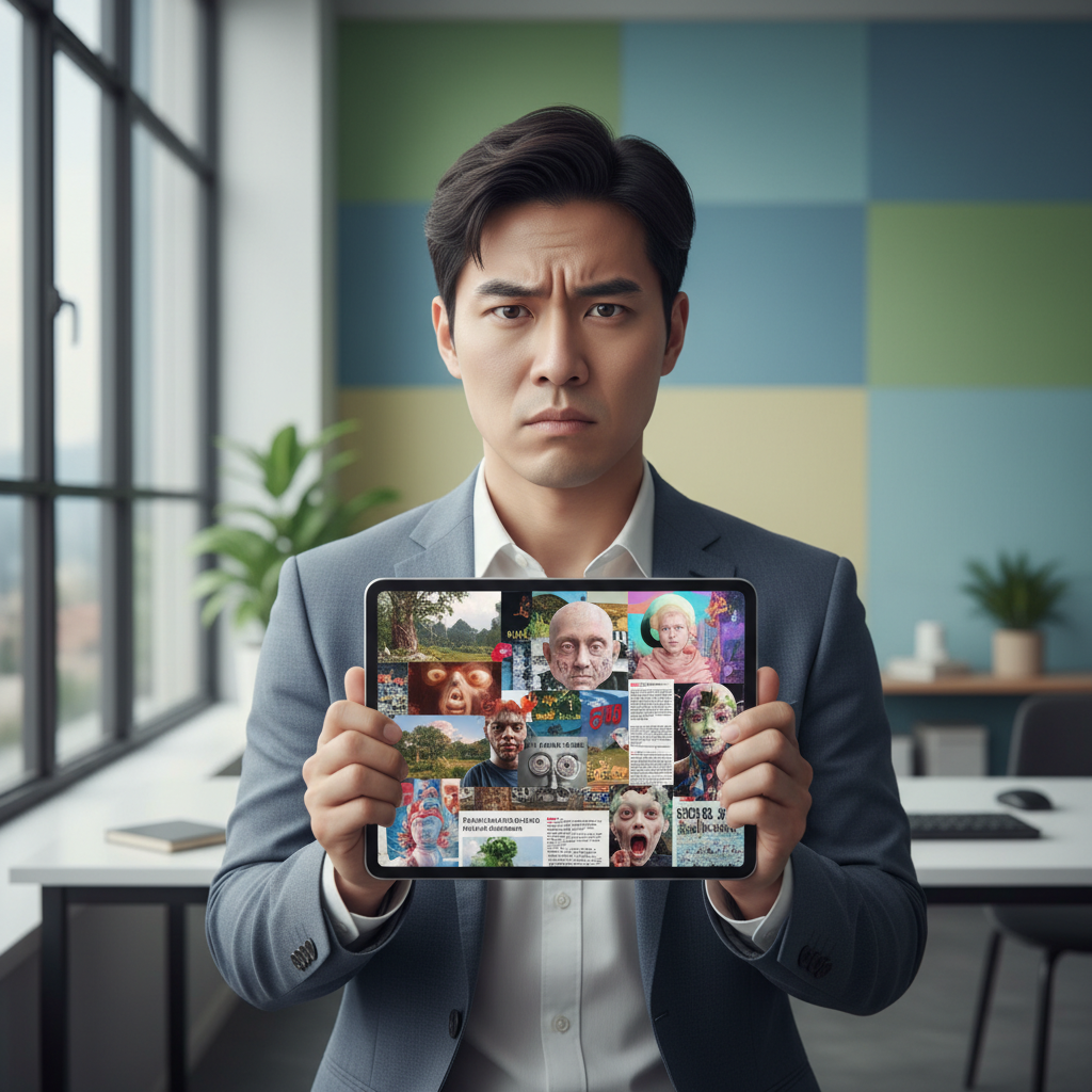 A person with a puzzled expression looking at a tablet displaying a confusing mix of real and AI-generated content, reflecting the mixed feelings about AI content regulation, modern office setting, bright lighting, colored background, no text, Korean appearance, 4:3 aspect ratio