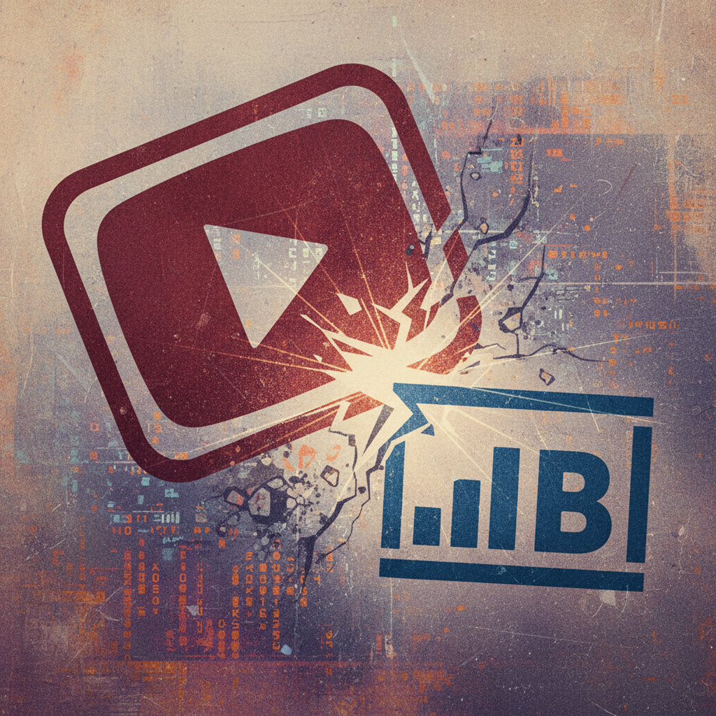 A symbolic illustration of a large YouTube play button icon physically disconnecting from a smaller Billboard chart icon, creating a visual gap, artistic rendering, textured background, no text, aspect ratio 1:1
