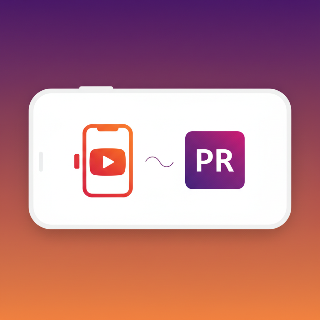 A clean, modern infographic style image showing a smartphone screen. On the screen, the YouTube Shorts icon is prominently displayed next to the Adobe Premiere Pro logo, symbolizing their partnership. The background is a high-contrast gradient, with no text, centered focus.