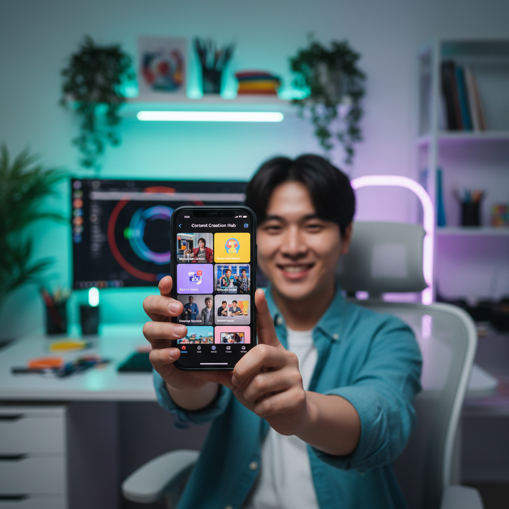 A dynamic scene of a young Korean content creator actively editing YouTube Shorts on their iPhone, using Adobe Premiere Mobile's new content creation hub. The interface shows various templates and effects. The background is a vibrant, modern workspace with soft, balanced lighting. No visible text, centered focus, rich background.
