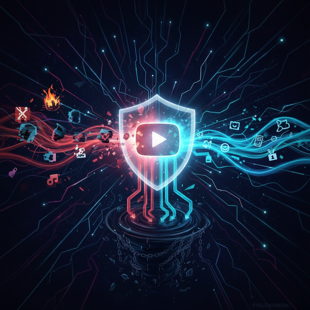 An illustration depicting YouTube's content moderation system, showing problematic content being filtered out, artistic rendering, rich, dark background with glowing lines, no text