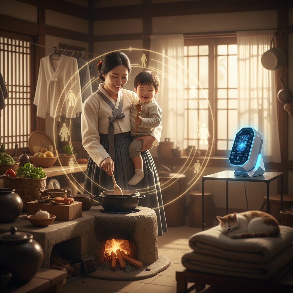 A complex yet harmonious scene depicting a Korean woman engaged in childcare and household tasks, perhaps with a subtle overlay hinting at the importance of human connection, in contrast to a distant, high-tech AI device, warm and empathetic lighting, busy home environment, no text.