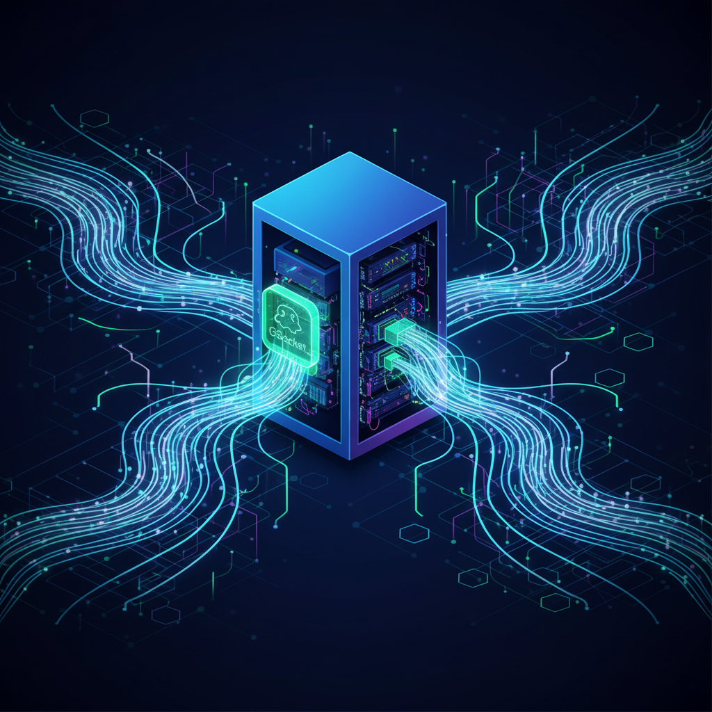 A digital representation of a server being infiltrated by a subtle, glowing "GSocket" backdoor, with data flowing out silently into a complex network. Dark background with glowing lines showing data paths. Style: clean infographic, modern layout, high contrast. No visible text. Colored background, centered focus.