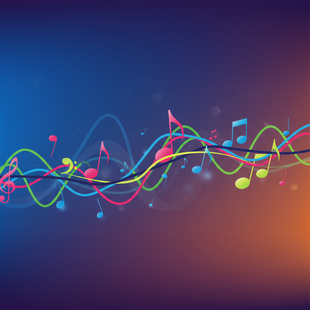 A vibrant digital music spectrum with abstract sound waves and musical notes, clean infographic, modern layout, high contrast, colored background, no text, 4:3 aspect ratio