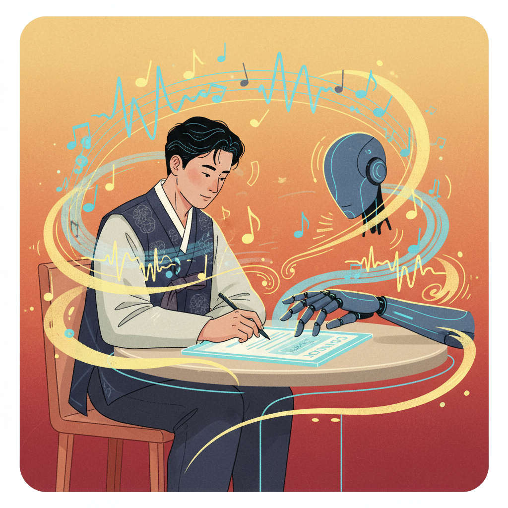 An illustration depicting a Korean musician signing a digital contract with an AI robot hand, symbolizing licensing agreements. Musical notes and digital waveforms surround them, indicating the transfer of creative assets. The background features a textured, warm gradient, emphasizing collaboration. No visible text.