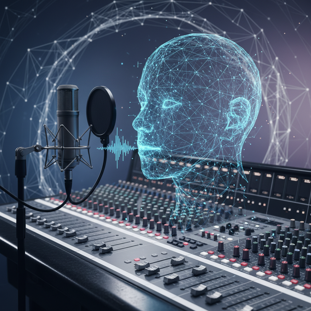 Conceptual image of a recording studio with a microphone and mixing board, where a translucent digital AI head is subtly overlaid, hinting at AI voice replication. The background is a modern, slightly abstract pattern. No visible text. Focused, balanced lighting.