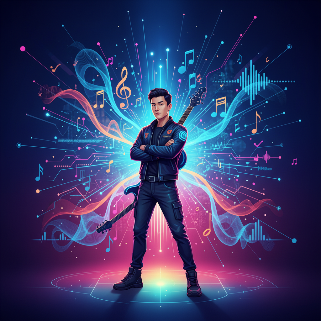 A modern infographic illustrating the convergence of AI and music, with stylized musical notes and digital lines intertwining. A Korean musician character stands confidently amidst the flowing data. The background is a vibrant gradient, full of energy and innovation. No visible text.