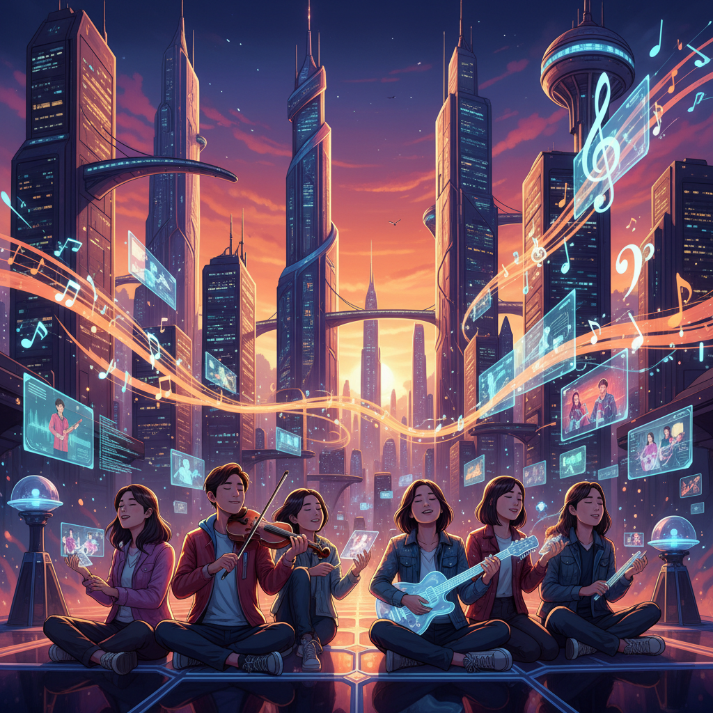 futuristic city skyline at sunset, with musical notes and abstract data streams flowing around the buildings. In the foreground, a diverse group of people (Korean appearance) are enjoying music, symbolizing the future of AI in music. Style: vibrant, dynamic illustration. No visible text.