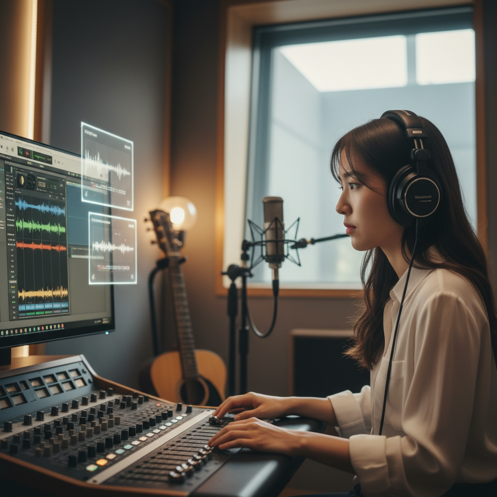 Realistic depiction of a young Korean female songwriter sitting at a mixing desk in a modern recording studio. She's wearing headphones and looking intently at a computer screen displaying music software. On the screen, there are subtle AI interface elements, indicating she's using Suno to refine a demo. A microphone and acoustic guitar are visible in the background, out of focus. Style: lifestyle photography, soft, focused lighting, natural setting, no visible text.