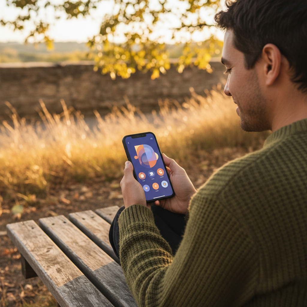 Lifestyle photography of a person looking at a smartphone screen displaying a music streaming app's personalized year-end summary. The screen shows top artists, songs, and colorful badges. Warm lighting, natural setting, textured background. No visible text on the phone screen.