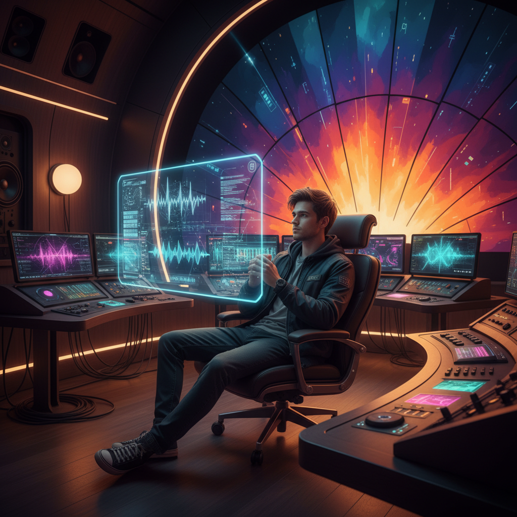 A modern music studio scene with advanced AI interfaces subtly integrated, glowing screens, a musician looking thoughtfully at a holographic display, warm lighting, futuristic aesthetic, rich colored background, no text